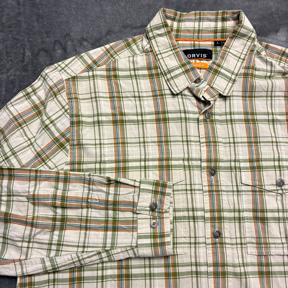 Orvis Active Fit‎ Shirt Mens Sz.Large White Green Plaid Long Sleeve Button Up